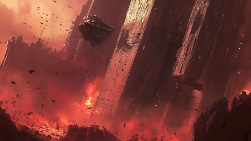 Massive hovering warship penetrates burning megastructure canyon