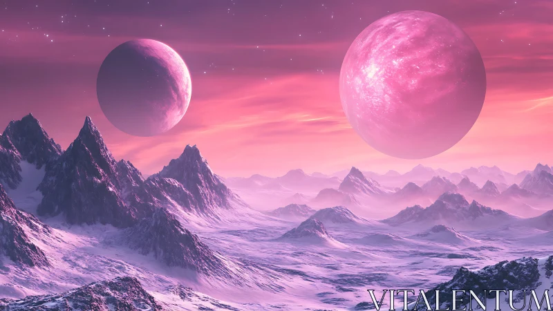 Pink alien landscape with icy mountains and twin moons.