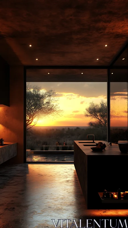 Modern kitchen interior facing sunset over open landscape.