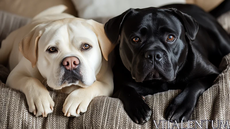 Two large dogs lie side by side on a textured blanket
