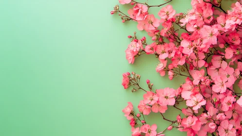 Pink Bloom Cascade: Delicate Flowers Against Mint Serenity.