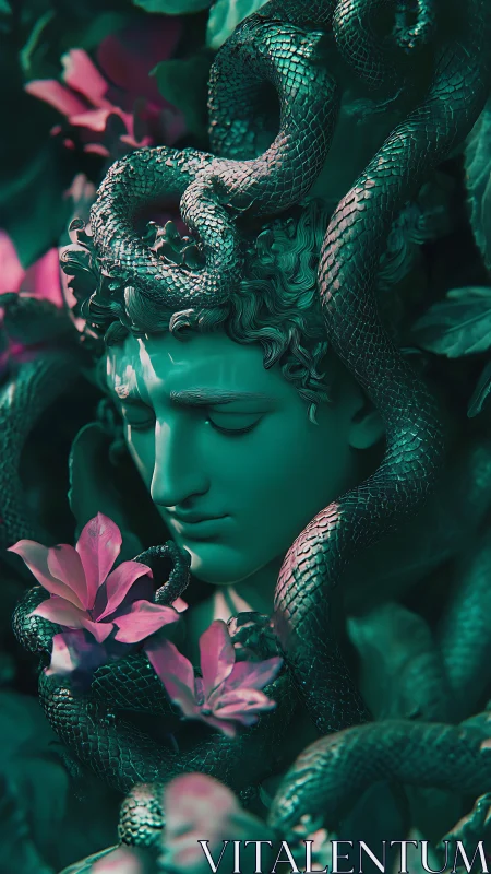 Mythic stone face entwined with snakes and flowers.