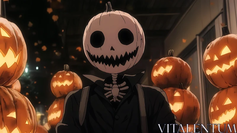 Pumpkin-headed figure stands amid glowing jack-o&rsquo;-lantern corridor