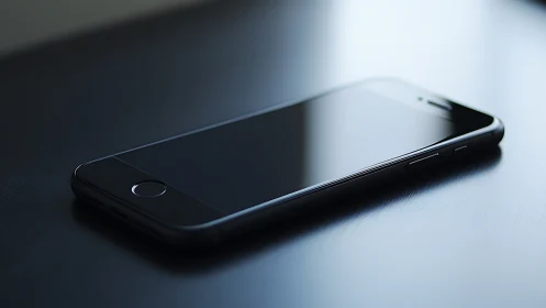 Sleek smartphone with reflective display resting on neutral surface