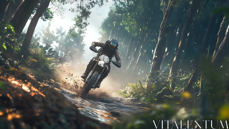 Motorcyclist navigating muddy forest trail at speed.