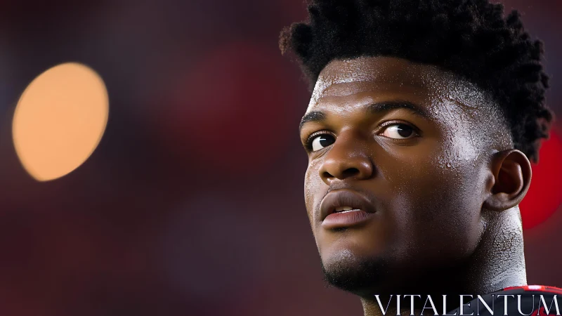 Focused football player gazes past glowing stadium lights.