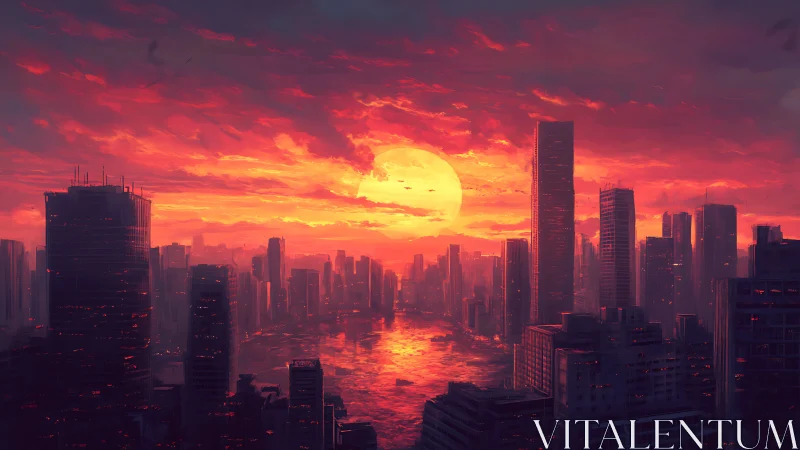 Sun-drenched neon skyline drowning in molten twilight glow.