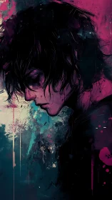 Melancholic side profile in neon abstract splatter portrait.