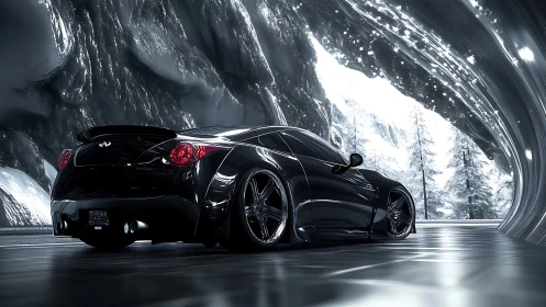 Parametric black coupe under glacial tunnel reflections.