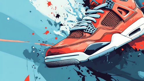 Red athletic sneaker illustration with abstract paint splashes.