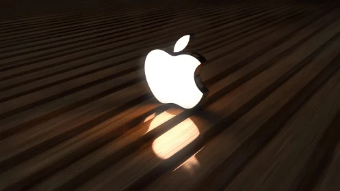 Glowing Apple Logo on Striped Wooden Surface in Modern 3D Style.