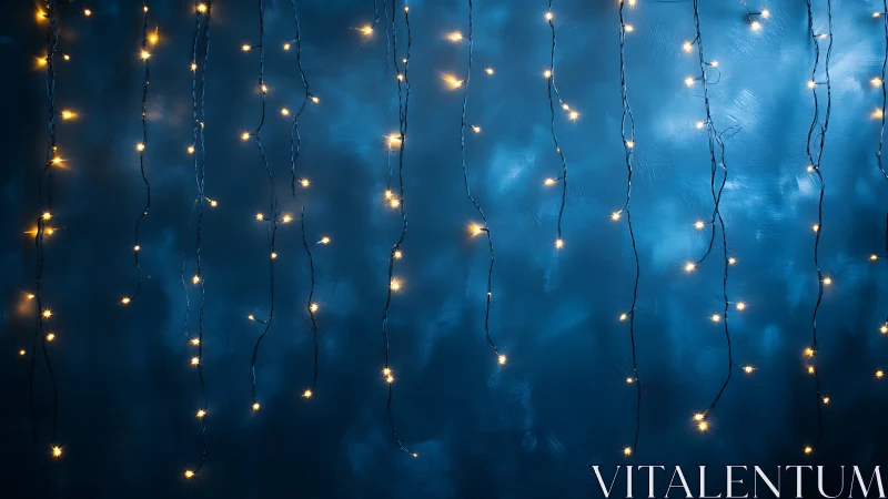 Warm fairy lights fall softly against a dreamy blue wall