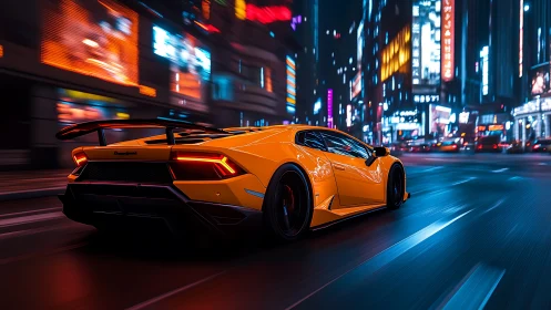 Golden supercar gliding through neon city night streets.