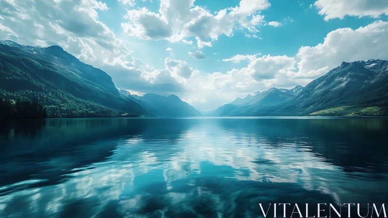 Mountain lake and valley rendered with symmetrical reflection