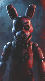 Distressed robot rabbit stands in harsh red blue lighting