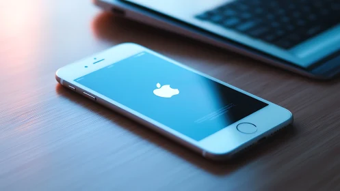 Sleek smartphone rebooting beside softly lit laptop on desk.