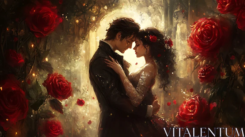 Romantic Couple Embracing Among Luminous Red Roses.