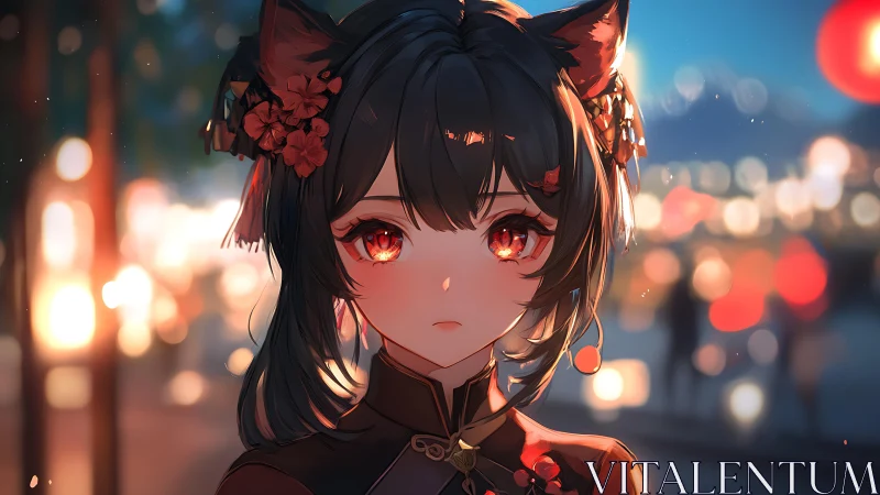 Lantern lights glow around a quiet fox eared anime girl