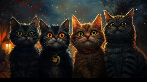 Four Mystical Cats with Luminous Eyes Against Starlit Night.