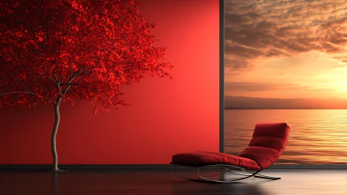 Minimalist red lounge with sunset vista and accent tree wall.