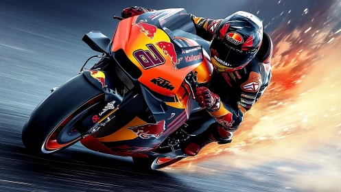 Racing motorcycle leans into corner amid blazing speed