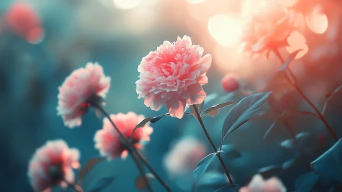 Pink peonies backlit by soft morning or evening light
