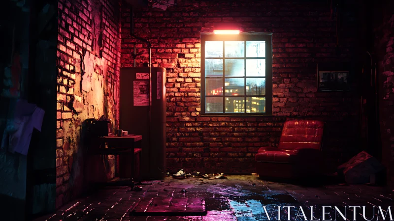 Moody brick loft interior with neon city window reflection