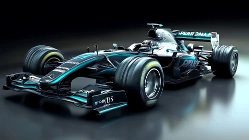 Modern Formula race car render on reflective dark surface.