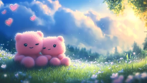 Pink anthropomorphic figures in pastoral landscape with heart motifs.