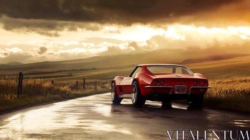 Classic red sports car glows against storm-lit rural horizon
