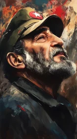 Expressive oil-style portrait of bearded soldier in profile.