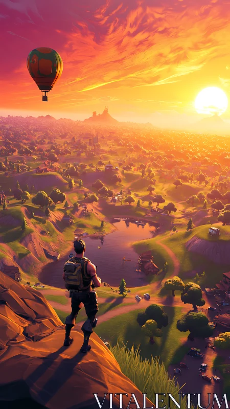 Sunset hero gazes over a glowing valley of adventure