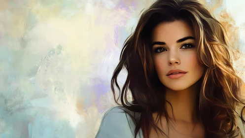 Portrait study captures luminous brunette against pastel field.