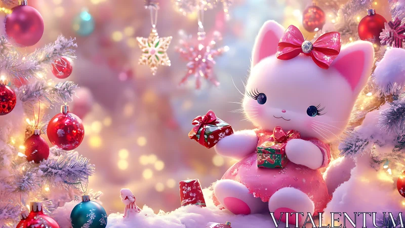 Pink toy cat holding presents between decorated trees
