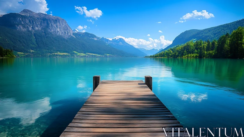 Sunlit wooden pier invites quiet moments on a turquoise lake