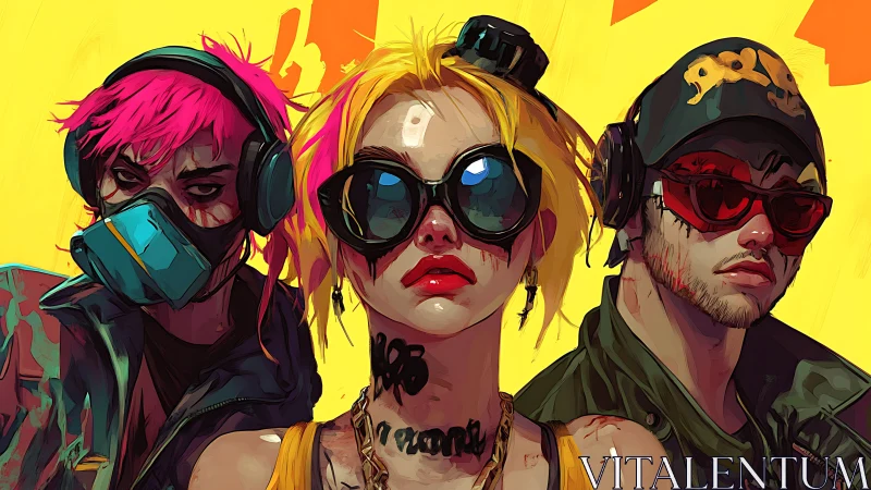 Neon cyber street trio under bold yellow graffiti backdrop.