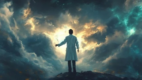 Scientist confronts glowing storm portal in cosmic clouds.