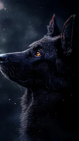 Dark canine profile against starry, smoky night sky.