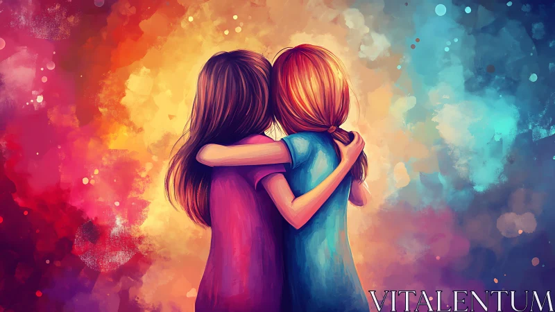 Two Figures Embracing Within Chromatic Gradient Field.