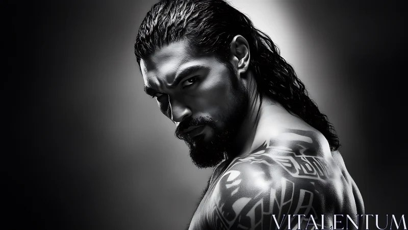 High-contrast monochrome portrait of muscular man with tribal tattoos