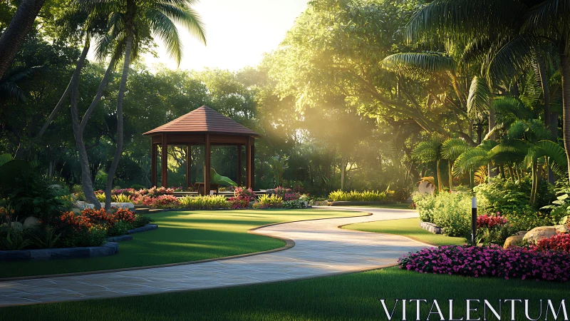 Sunlit garden pavilion with curving path and flowers.