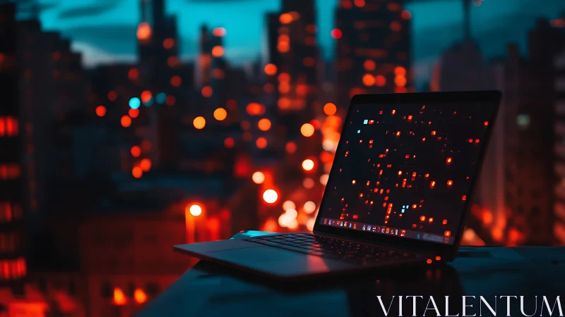 Laptop on high-rise ledge against defocused city lights.
