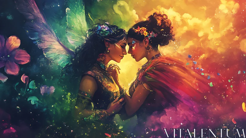 Enchanted Fairies Face Each Other in Mystical Garden of Light