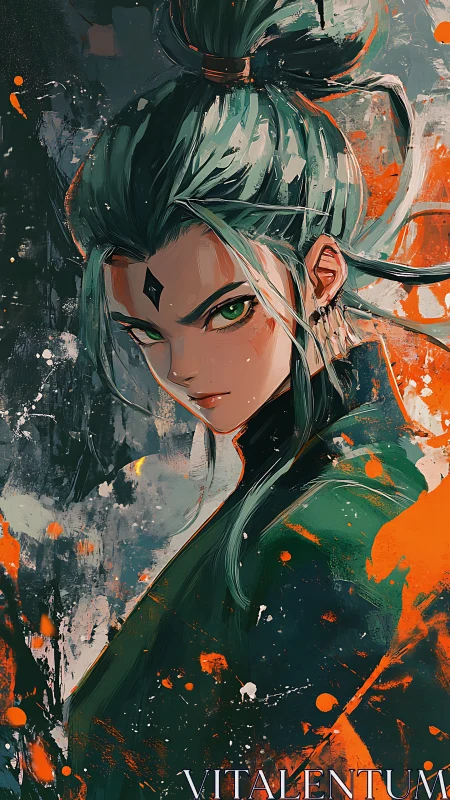 Green haired anime warrior stares forward amid orange splashes