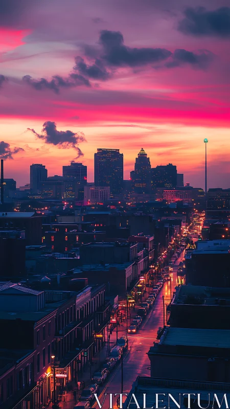 Urban street corridor under saturated dusk skyline.