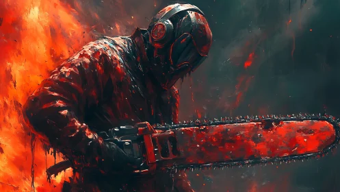 Armored chainsaw wielder advances through infernal flames