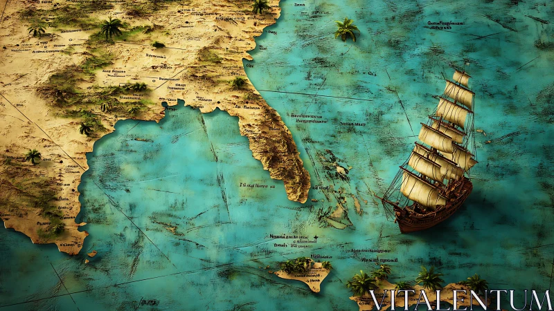 Old-world nautical map with sailing ship near coastline.