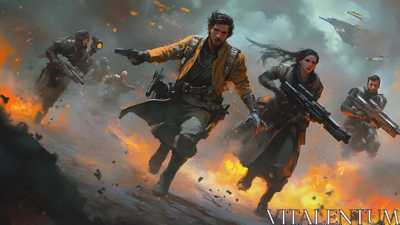 Futuristic strike squad charges through burning battlefield.