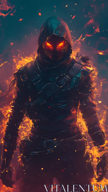 Hooded fire warrior emerging from glowing embers and smoke.