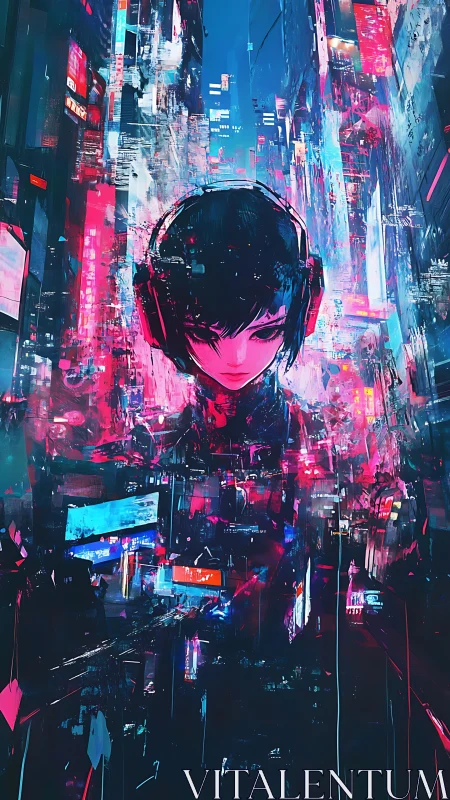 Solitary listener sinks into neon-soaked cyber city nights